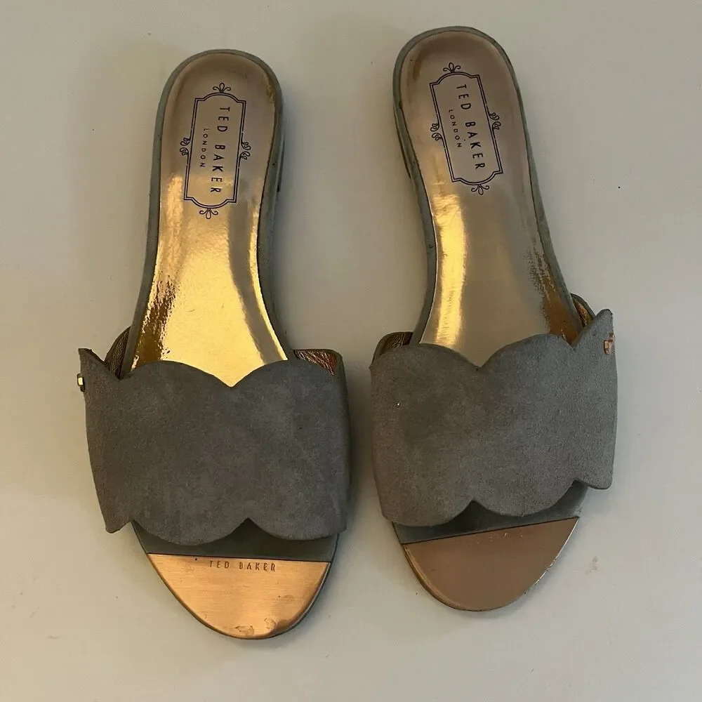 Ted Baker Women's Suede Scalloped Blue Slide Slip On Sandal SZ 37 US 6.5